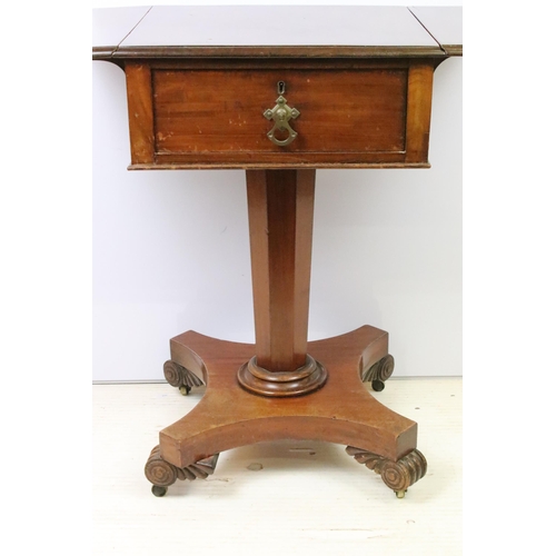 577 - William IV mahogany sofa table, with drop leaves and single drawer above tapering octagonal column o... 