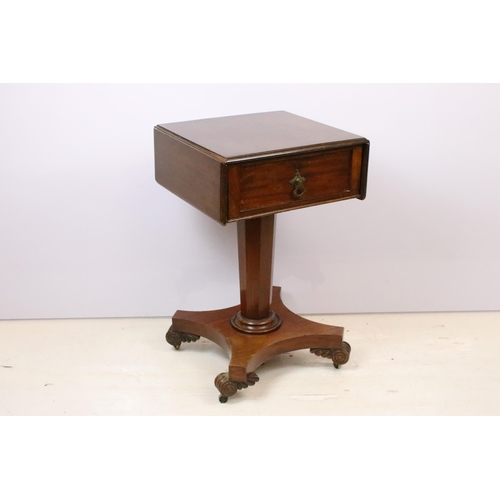 577 - William IV mahogany sofa table, with drop leaves and single drawer above tapering octagonal column o... 