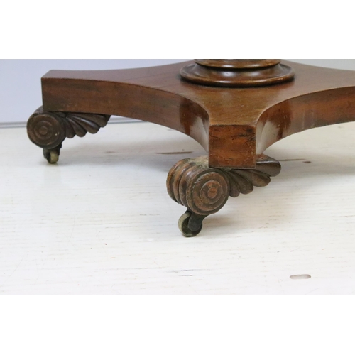 577 - William IV mahogany sofa table, with drop leaves and single drawer above tapering octagonal column o... 