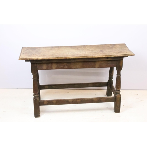 586 - Early 20th century rectangular oak bench on turned supports with stretchered base, 53.5cm high x 91c... 