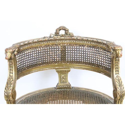 594 - Louis XV1 gilt wood vanity chair with cane, cane back rest with wreath and ram scroll carved detail ... 