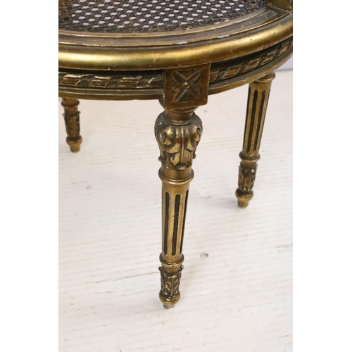 594 - Louis XV1 gilt wood vanity chair with cane, cane back rest with wreath and ram scroll carved detail ... 