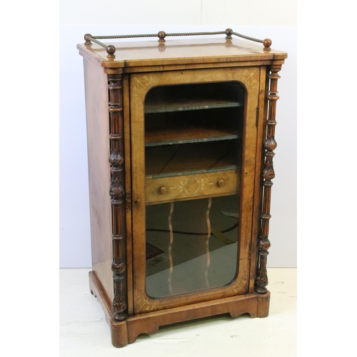 597 - Edwardian burr walnut music cabinet, with parquetry inlay, single glazed door opening to three shelv... 