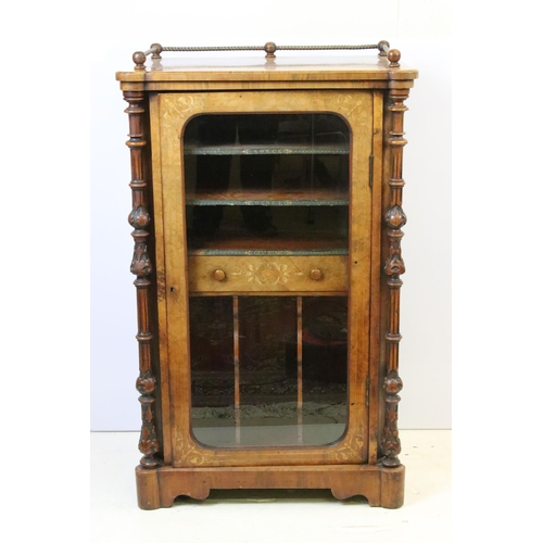 597 - Edwardian burr walnut music cabinet, with parquetry inlay, single glazed door opening to three shelv... 