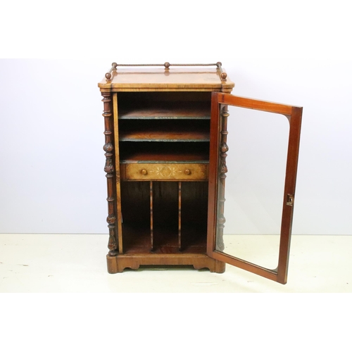 597 - Edwardian burr walnut music cabinet, with parquetry inlay, single glazed door opening to three shelv... 