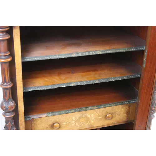 597 - Edwardian burr walnut music cabinet, with parquetry inlay, single glazed door opening to three shelv... 