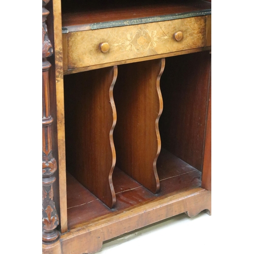 597 - Edwardian burr walnut music cabinet, with parquetry inlay, single glazed door opening to three shelv... 