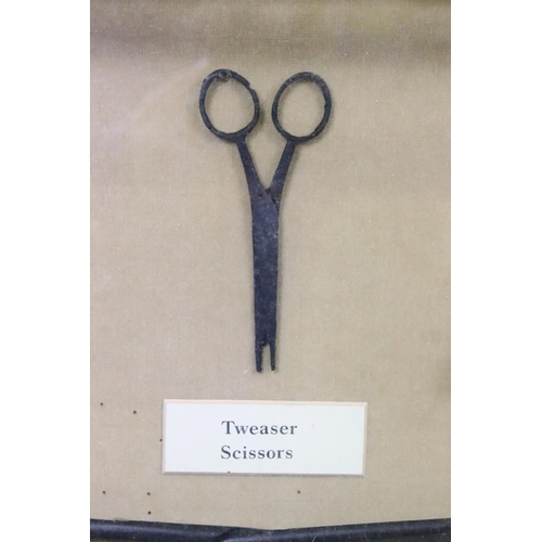 536 - Antique scissors - seven pairs of various scissors, mounted in a box frame, to include weaver's scis... 