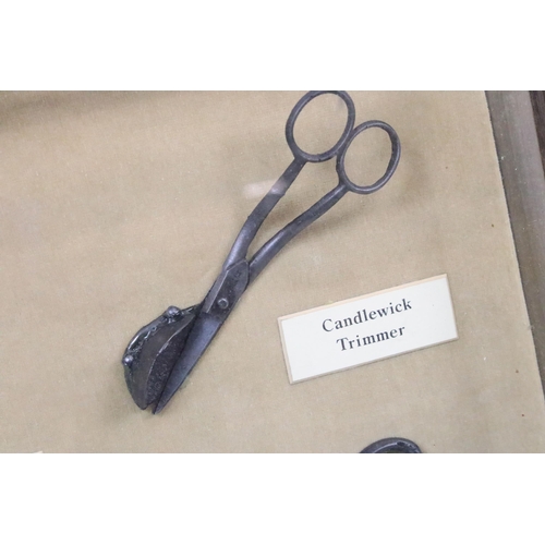 536 - Antique scissors - seven pairs of various scissors, mounted in a box frame, to include weaver's scis... 