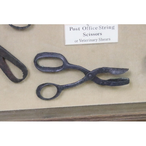 536 - Antique scissors - seven pairs of various scissors, mounted in a box frame, to include weaver's scis... 