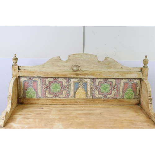 605 - Early 20th century painted wash stand with tiled galleried splashback, with faux drawer above shaped... 