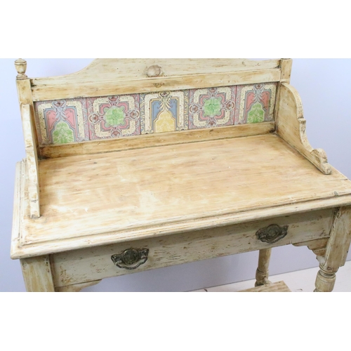 605 - Early 20th century painted wash stand with tiled galleried splashback, with faux drawer above shaped... 