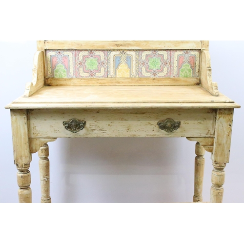 605 - Early 20th century painted wash stand with tiled galleried splashback, with faux drawer above shaped... 