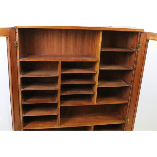 613 - Mahogany multiple compartment glazed front display cabinet, lockable with key, H 115cm, W 65cm, D 15... 