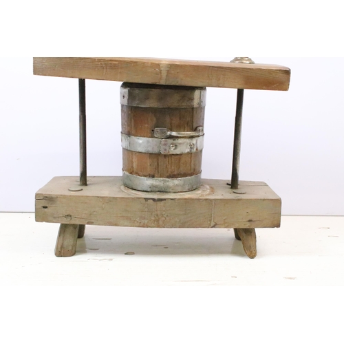 614 - Antique wooden cheese press with coopered two handle bucket between two wooden press planks, metal t... 