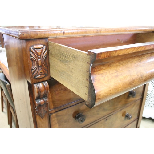 616 - Large flamed mahogany chest of drawers with hidden top drawer, four round handled drawers and carved... 