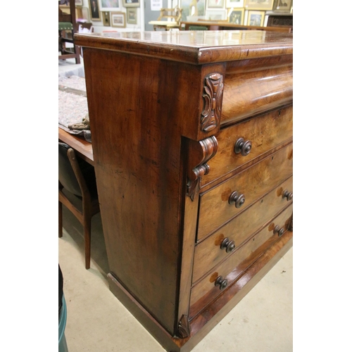 616 - Large flamed mahogany chest of drawers with hidden top drawer, four round handled drawers and carved... 