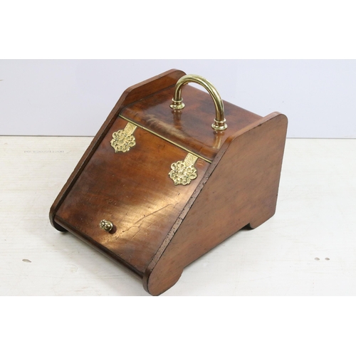 619 - Victorian mahogany coal scuttle with brass mounts, with lead liner and scoop, 31.5cm high (excluding... 