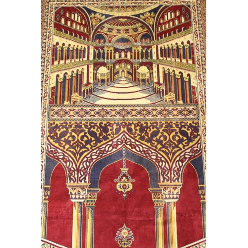 624 - 20th century wool work wall hanging with pictorial panels within multiple borders, 188 x 127cm