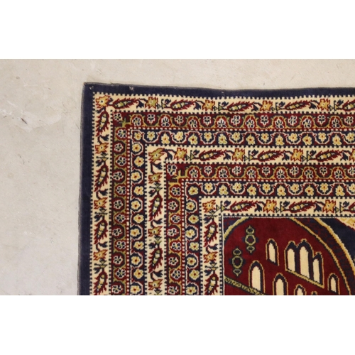 624 - 20th century wool work wall hanging with pictorial panels within multiple borders, 188 x 127cm