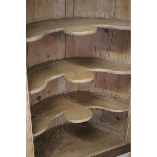 574 - Late 19th pine corner cupboard with three shaped shelves, 149.5cm high x 105cm wide