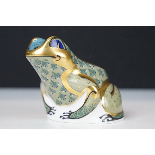 17 - Trio of Royal Crown Derby frogs to include a pair of Imari pattern examples, one with gold stopper a... 