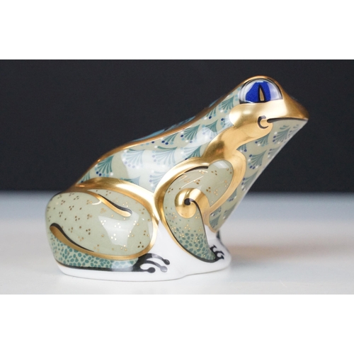 17 - Trio of Royal Crown Derby frogs to include a pair of Imari pattern examples, one with gold stopper a... 