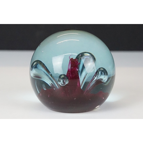 20 - Whitefriars ruby ridged vase c.1980, H 22cm together with Wedgewood glass paperweight in the form of... 