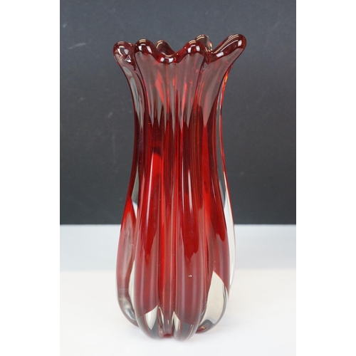 20 - Whitefriars ruby ridged vase c.1980, H 22cm together with Wedgewood glass paperweight in the form of... 