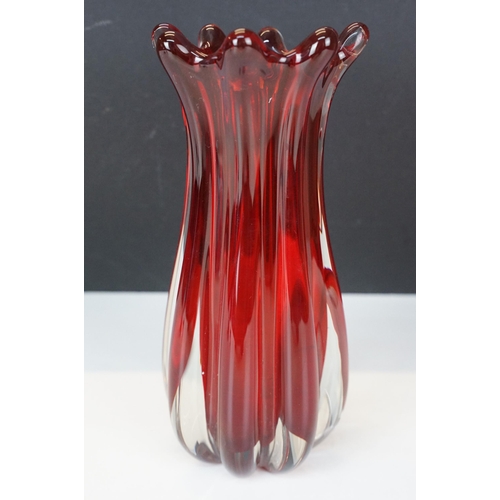 20 - Whitefriars ruby ridged vase c.1980, H 22cm together with Wedgewood glass paperweight in the form of... 