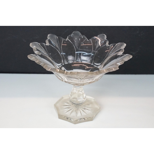 33 - Early 20th century pair of clear glass footed bowl pedestal dishes with hand etched crosshatch detai... 