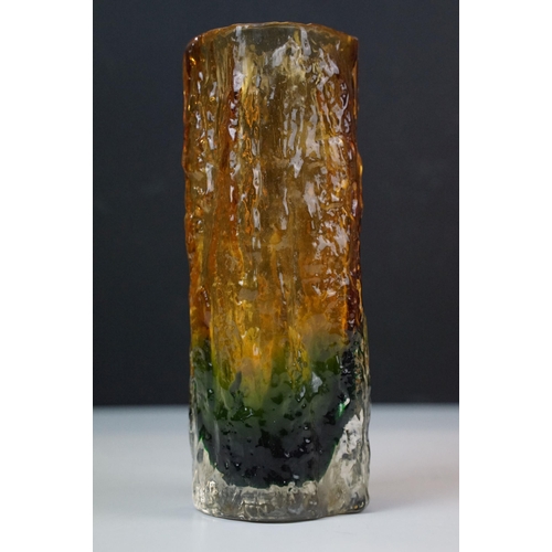 44A - Mid century textured modern bark glass art vases, two tone example, H 17cm and one clear, H 21cm