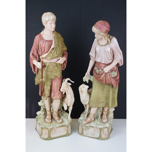 46 - Pair of early 20th century large Royal Dux ceramic figurines of a shepherdess and shepherd with lamb... 