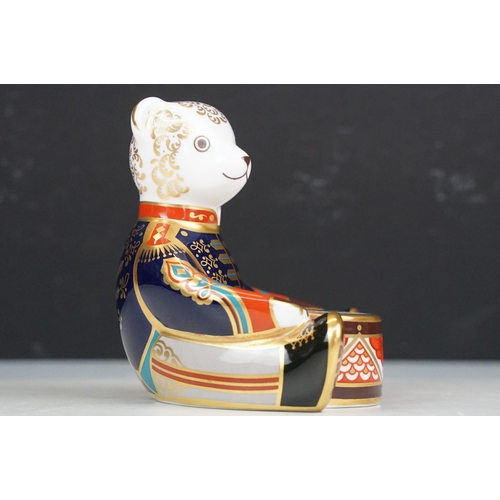 49 - Royal Crown Derby Imari drummer bear figurine paperweight with gold stopper, H10cm