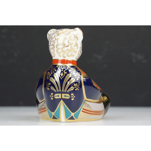 49 - Royal Crown Derby Imari drummer bear figurine paperweight with gold stopper, H10cm