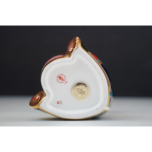 49 - Royal Crown Derby Imari drummer bear figurine paperweight with gold stopper, H10cm