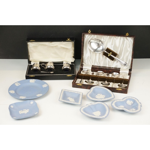 57 - Selection of six blue Wedgwood Jasperware dishes together with a boxed silver plated cruet set and a... 