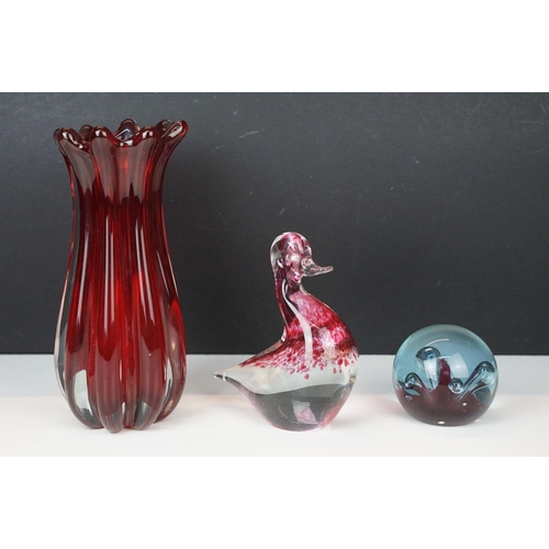 20 - Whitefriars ruby ridged vase c.1980, H 22cm together with Wedgewood glass paperweight in the form of... 