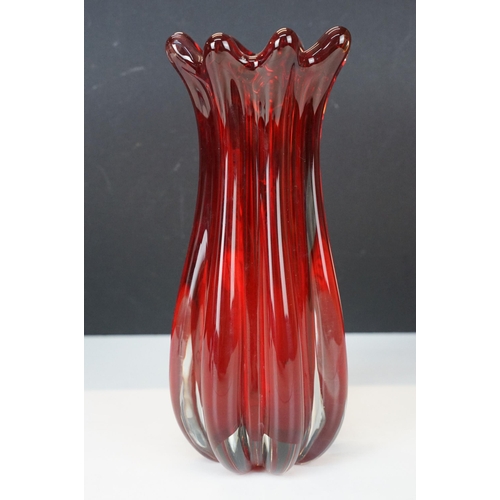 20 - Whitefriars ruby ridged vase c.1980, H 22cm together with Wedgewood glass paperweight in the form of... 