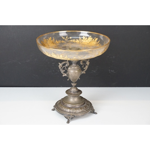 34 - Late Victorian silver plated tazza supporting glass dish etched with gilt flowers and foliage, diame... 