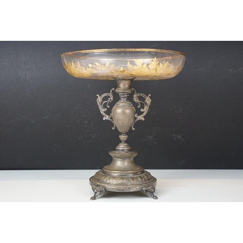 34 - Late Victorian silver plated tazza supporting glass dish etched with gilt flowers and foliage, diame... 