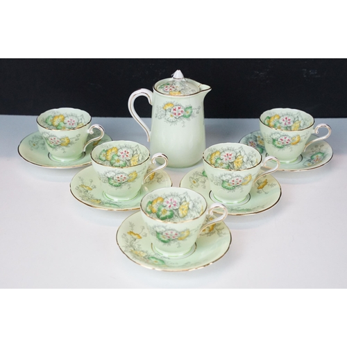 37 - Set of five Aynsley Dianthus on light green and gilt edge coffee cups and saucers together with lidd... 