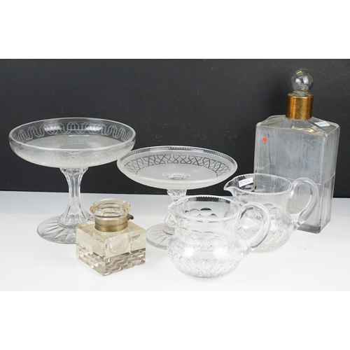 43 - Collection of early 20th century glass ware to include hinged inkwell, large rectangular decanter wi... 