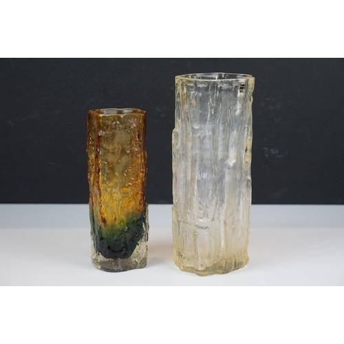 44A - Mid century textured modern bark glass art vases, two tone example, H 17cm and one clear, H 21cm