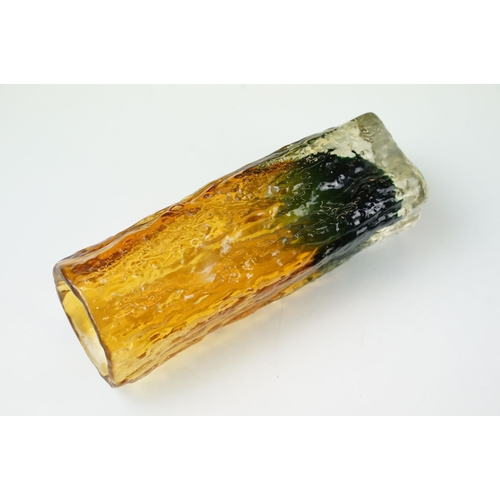 44A - Mid century textured modern bark glass art vases, two tone example, H 17cm and one clear, H 21cm