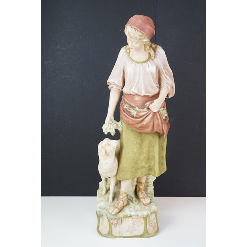 46 - Pair of early 20th century large Royal Dux ceramic figurines of a shepherdess and shepherd with lamb... 