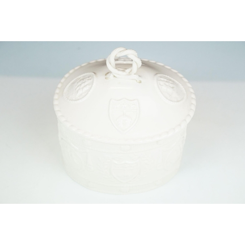 48 - Leedsware creamware embossed lidded pot with heraldry design and twisted handle, stamped to base, H ... 