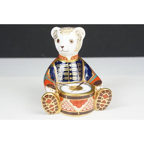 49 - Royal Crown Derby Imari drummer bear figurine paperweight with gold stopper, H10cm