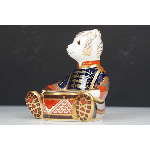 49 - Royal Crown Derby Imari drummer bear figurine paperweight with gold stopper, H10cm