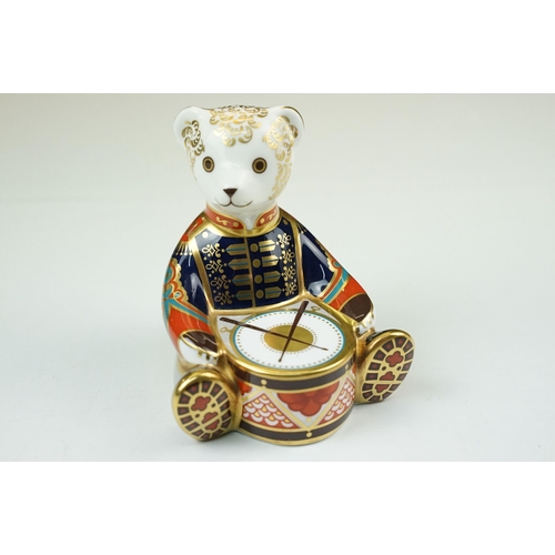 49 - Royal Crown Derby Imari drummer bear figurine paperweight with gold stopper, H10cm